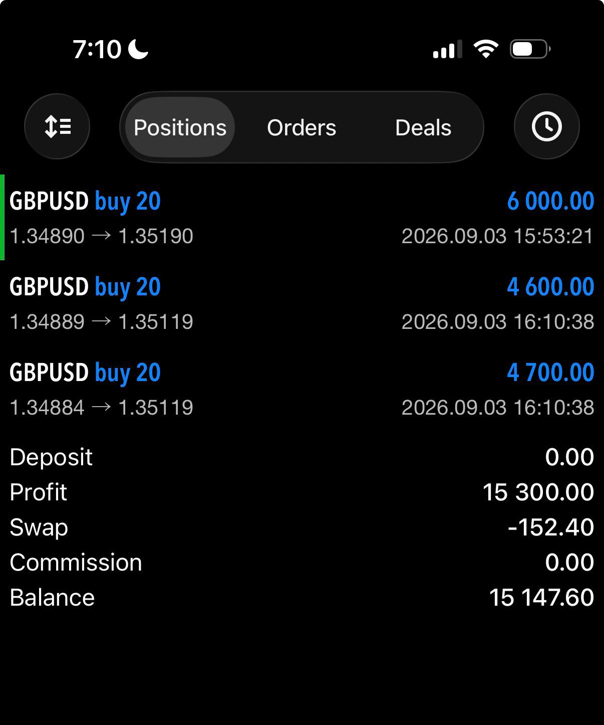 Trading screenshot with three GBPUSD positions